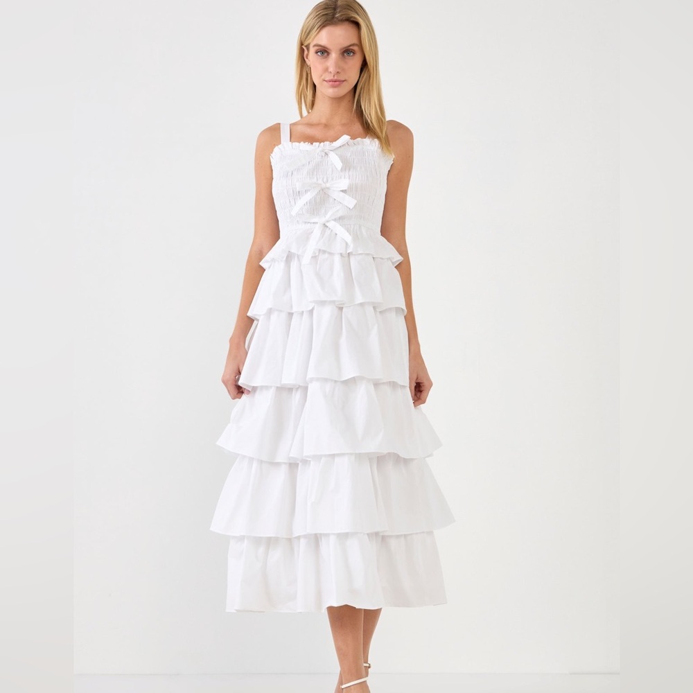 English Factory Ruffle Tiered Midi Dress with Bows